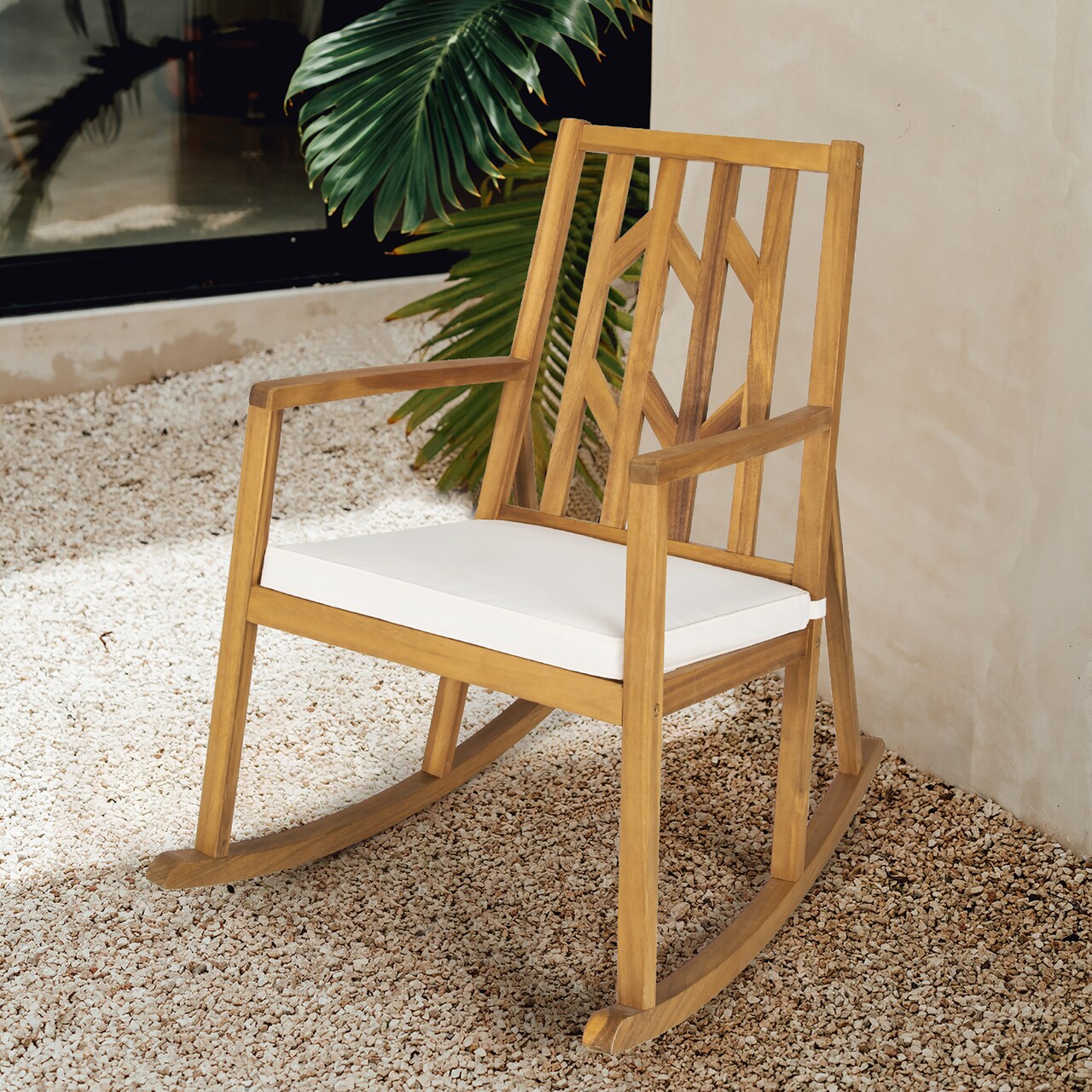 Costway Patio Rocking Chair Acacia Wood Armrest Cushioned Sofa Garden Deck White\Red\Turquoise